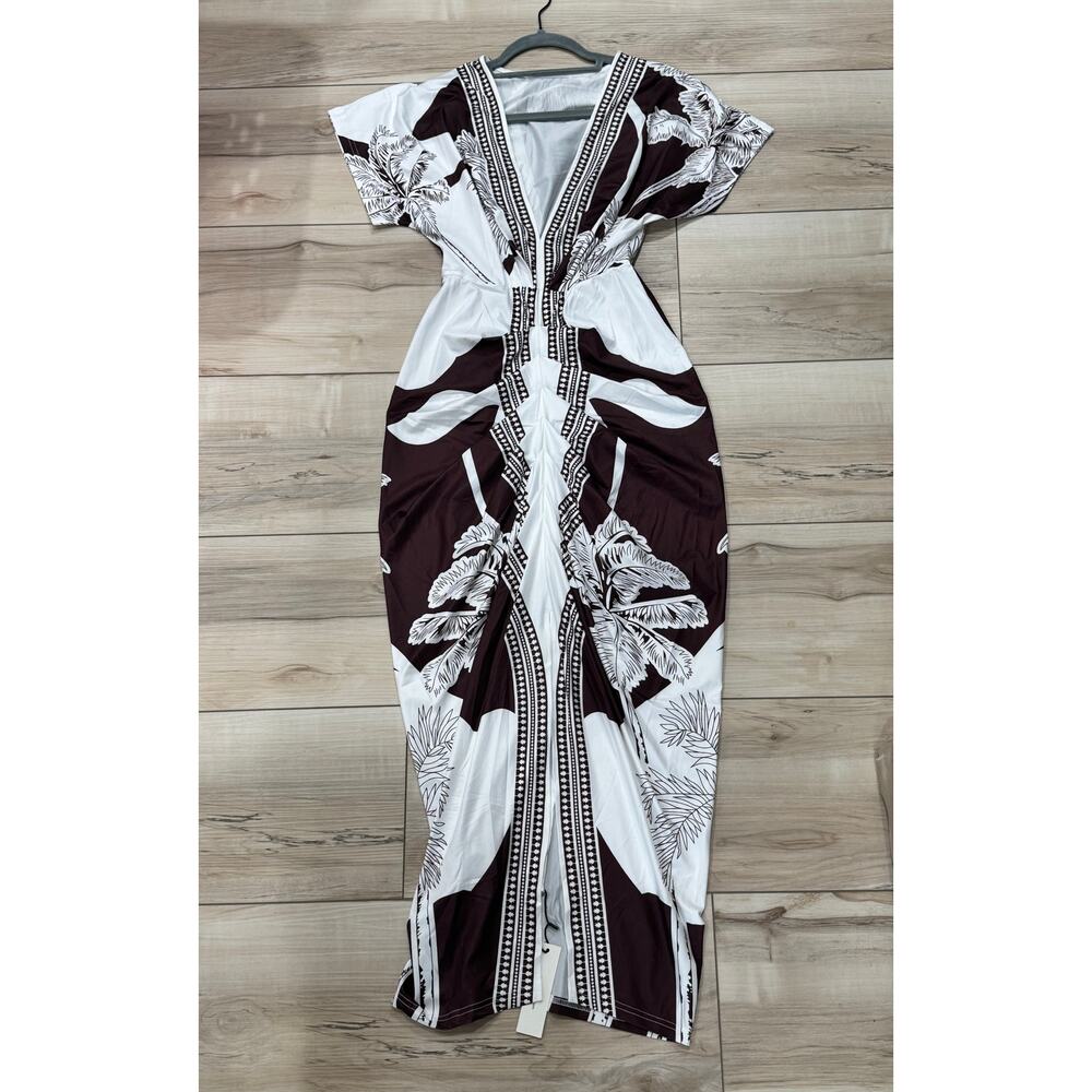 NWT Commense Printed Deep V Neck  Stretch Midi Dress Brown & White Small